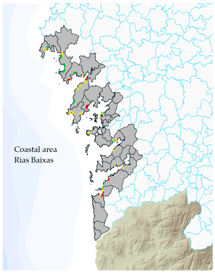 Vulnerabilidade turística de praias en risco de inundacións nas Rías Baixas. Verde: praias con baixa vulnerabilidade turística; amarelo: vulnerabilidade media; vermello: alta vulnerabilidade | Fonte: Environments 2017, 4(4), 83.