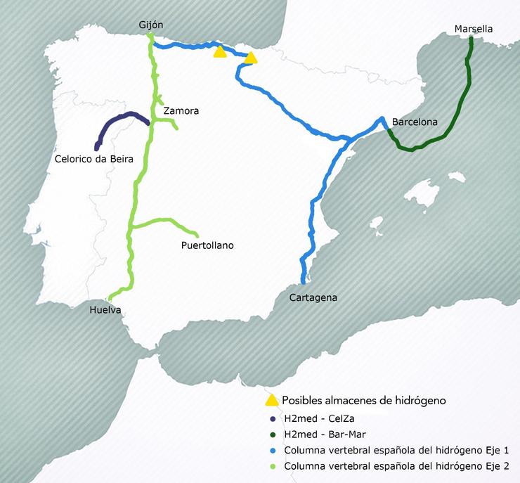 Arquivo - Trazado do corredor de hidróxeno verde  H2Med entre Portugal, España e Francia. MITECO - Arquivo 