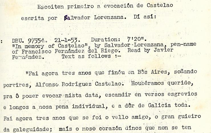 Un dos guións de 'Galician Programme', espazo emitido pola cadea británica BBC entre 1947 e 1956. RAG 