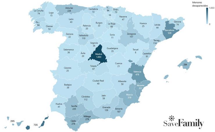 Mapa dos menores desaparecidos (nenos e nenas) en España en 2023