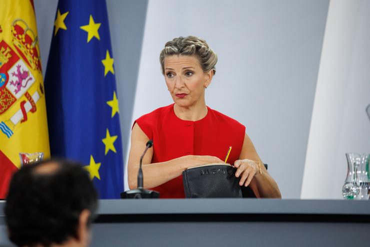 A vicepresidenta segunda e ministra de Traballo e Economía Social, Yolanda Díaz, durante unha rolda de prensa posterior á reunión do Consello de Ministros, a 21 de maio de 2024, en Madrid / Alejandro Martínez Vélez