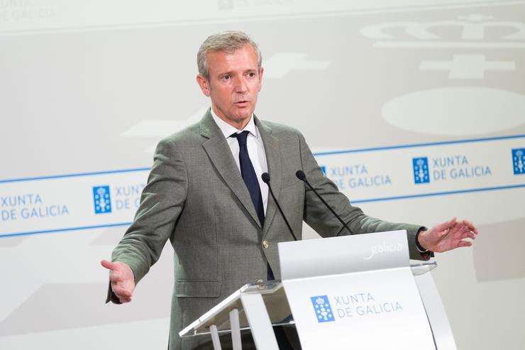 O presidente da Xunta, Alfonso Rueda, comparece tras a reunión semanal do Goberno galego.. XUNTA / Europa Press