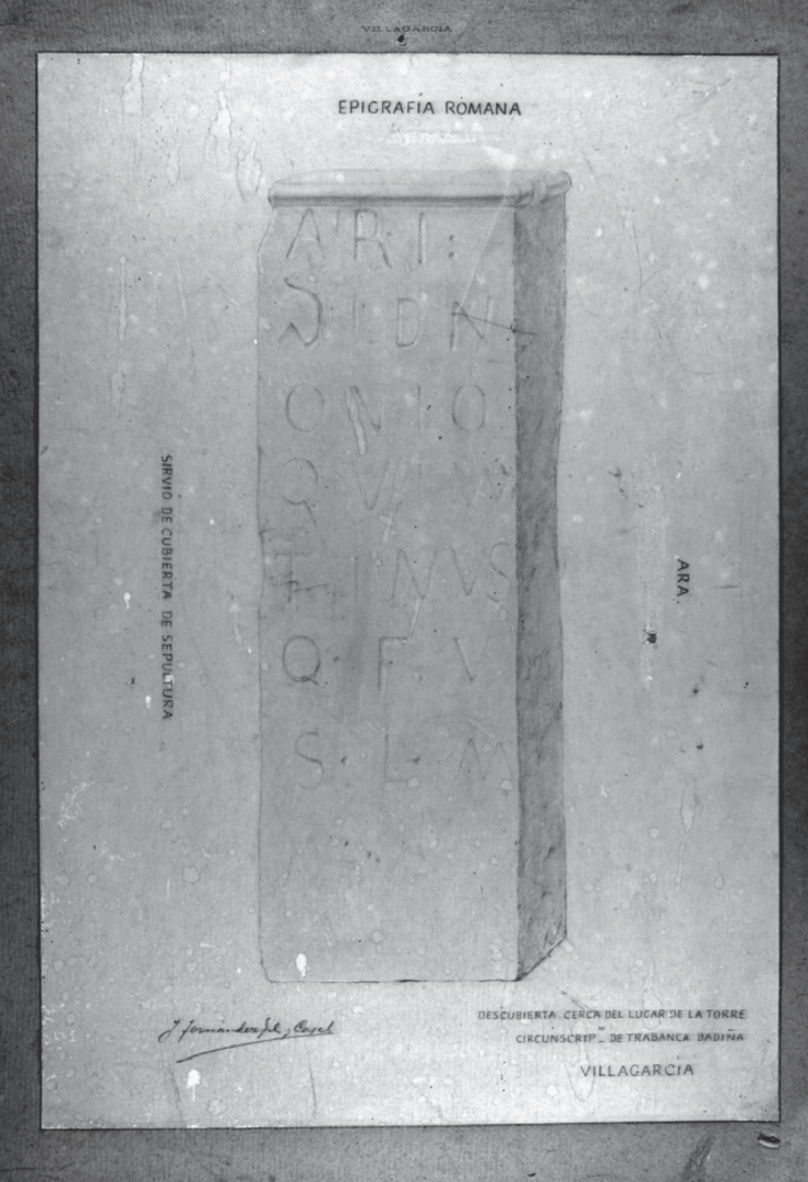 Ara de Trabanca segundo o debuxo enviado por Juan Fernández Gil e Casal á Exposición Rexional Galega de 1909. (Museo de Pontevedra, S/R 001305) / Carlos Santos Fernández en Cuadernos de Estudios Gallegos (2016).