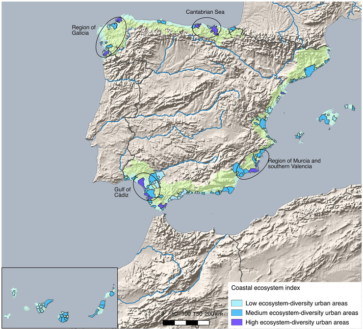 Índice de diversidade de ecosistemas en zonas urbanizadas do litoral de España. O azul máis escuro marca as zonas coa diversidade máis alta 