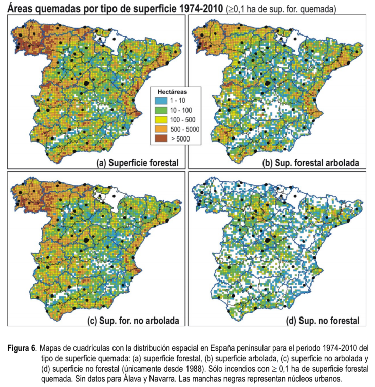 Distribución de incendios no Estado por tipo de superficie queimada, entre 1974 e 2010. Con todo, as cuadrículas con máis de 500 incendios que afactaron a superficie arborizada restrínxense a zonas concretas de Galicia, as Rías Baixas 