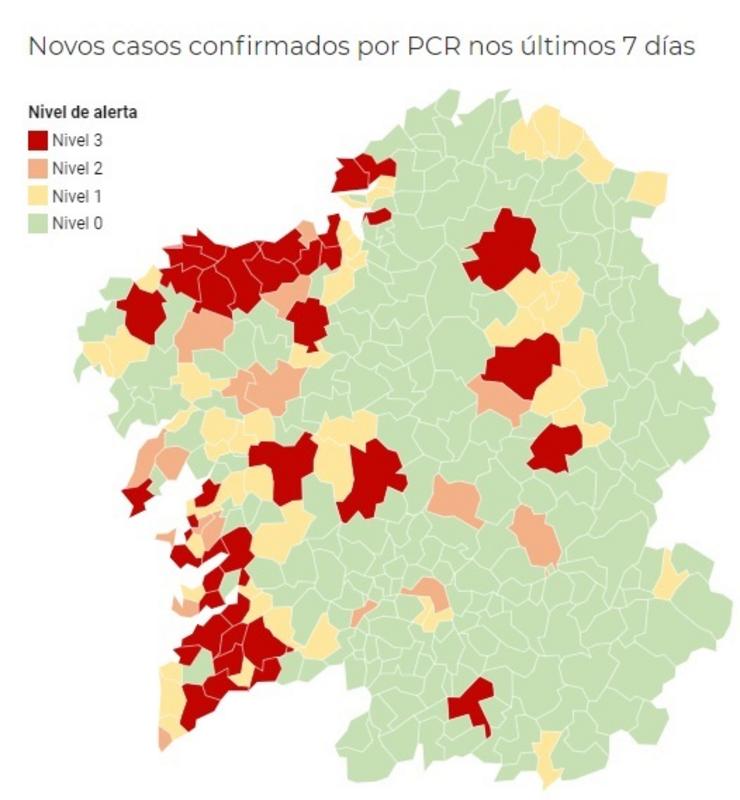 Mapa de Galicia coa incidencia do coronavirus por municipios, a luns 16 de novembro de 2020.. CONSELLERÍA DE SANIDADE 