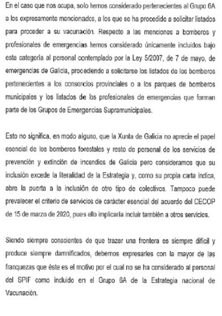 Estracto da carta do conselleiro de Sanidade con motivos para non vacinar a membros contraincendios 