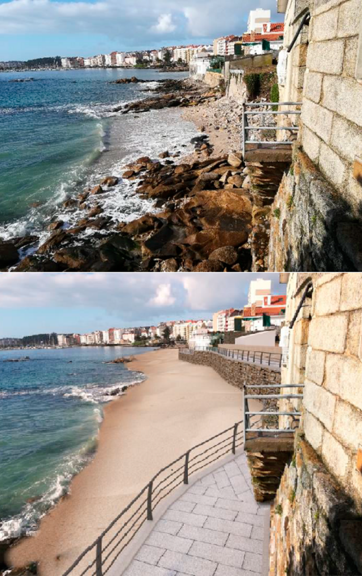 O antes e o despois da zona na que se construiría o dique, en Sanxenxo 