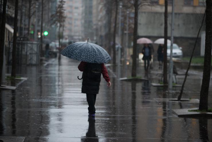 Unha persoa con paraugas para protexerse da choiva camiña pola Rúa Loureiro Crespo 
