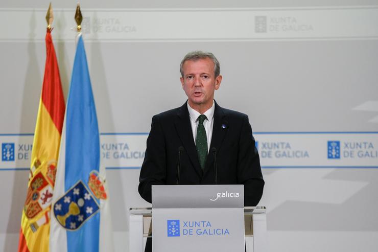 O presidente da Xunta, Alfonso Rueda, en roda prensa tras a reunión do Consello. MONICA ARCAY CARRO