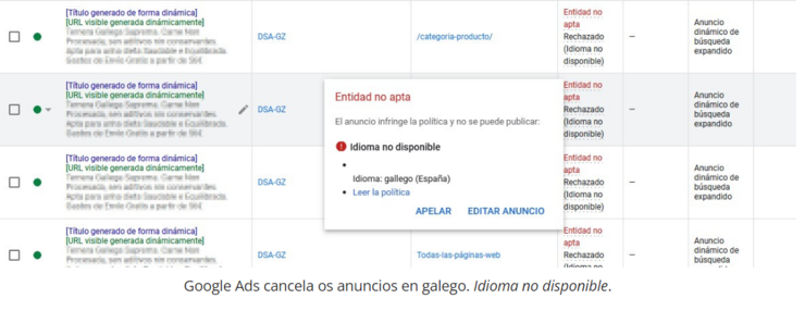 Google Ads cancela os anuncios en galego. Idioma no disponible 