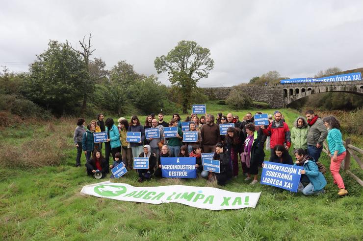 Integrantes da plataforma Auga Viva Xa e outros colectivos nunha protesta contra a agricultura intensiva nos arredores de Coren 