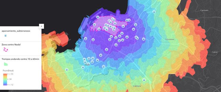 Distancia andando ata o centro dende os diferentes puntos da cidade 