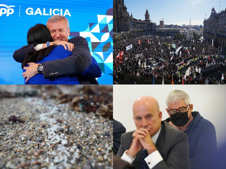 Catro dos momentos máis destacados do ano 2024 en Galicia: Alfonso Rueda celebra a maioría absoluta do PP, manifestación en Santiago contra Altri, vertido de pélets plásticos e Francisco Garzón e Andrés Cortabitarte no xuízo do Alvia 