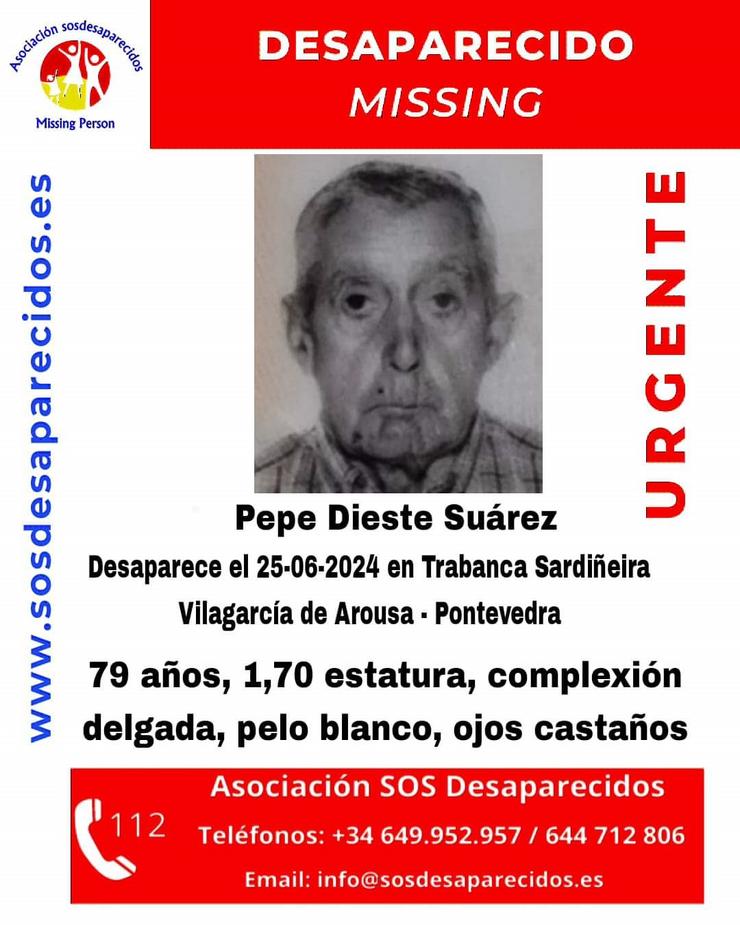 Buscan a un veciño de Vilagarcía de 79 anos de idade, desaparecido o 25 de xuño de 2024.. SOS DESAPARECIDOS 