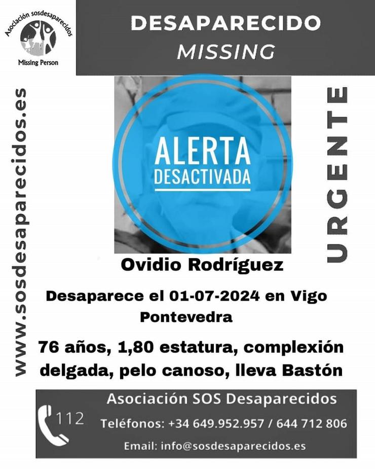Localizado en Portugal o septuaxenario desaparecido dunha residencia de maiores de Vigo o 1 de xullo de 2024 / SOS DESAPARECIDOS / Europa Press