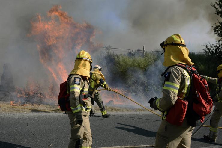 Varios bombeiros tratan de apagar o lume durante o incendio forestal na parroquia de Oseira en San Cristovo de Cea, Ourense. Rosa Veiga - Europa Press 