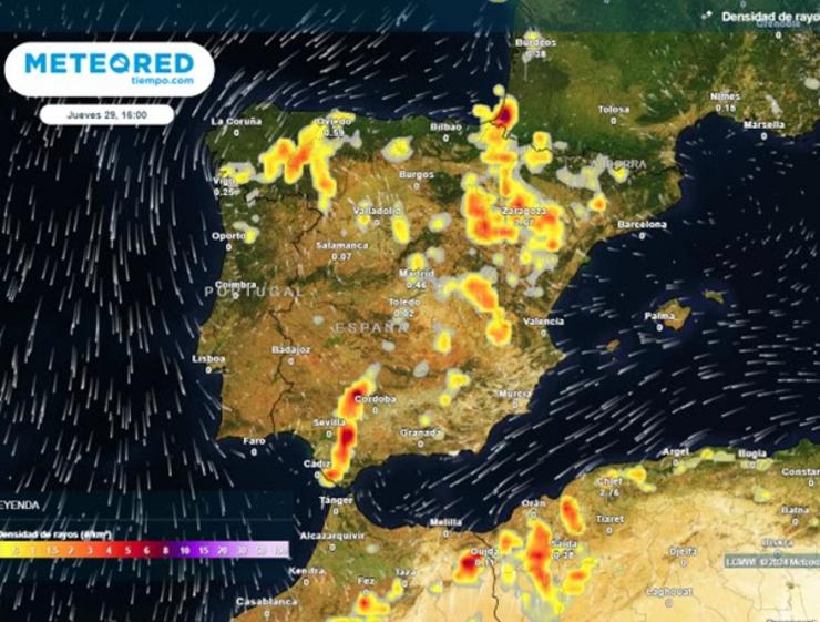 O xoves 29 de agosto comeza o primeiro episodio de tormentas. En vermello as zonas onde haberá lóstregos 