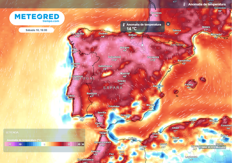 Mapa térmico de Galicia previsto para esta fin de semana onde está prevista unha onda de calor 