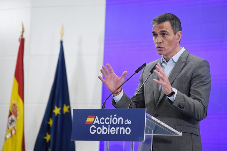 O presidente do Goberno, Pedro Sánchez, intervén durante o acto de presentación da nova campaña 'Transporte público, píllalo?', no Ministerio de Transportes, a 12 de setembro de 2024, en Madrid (España). A campaña foi presentada par. Fernando Sánchez - Europa Press 