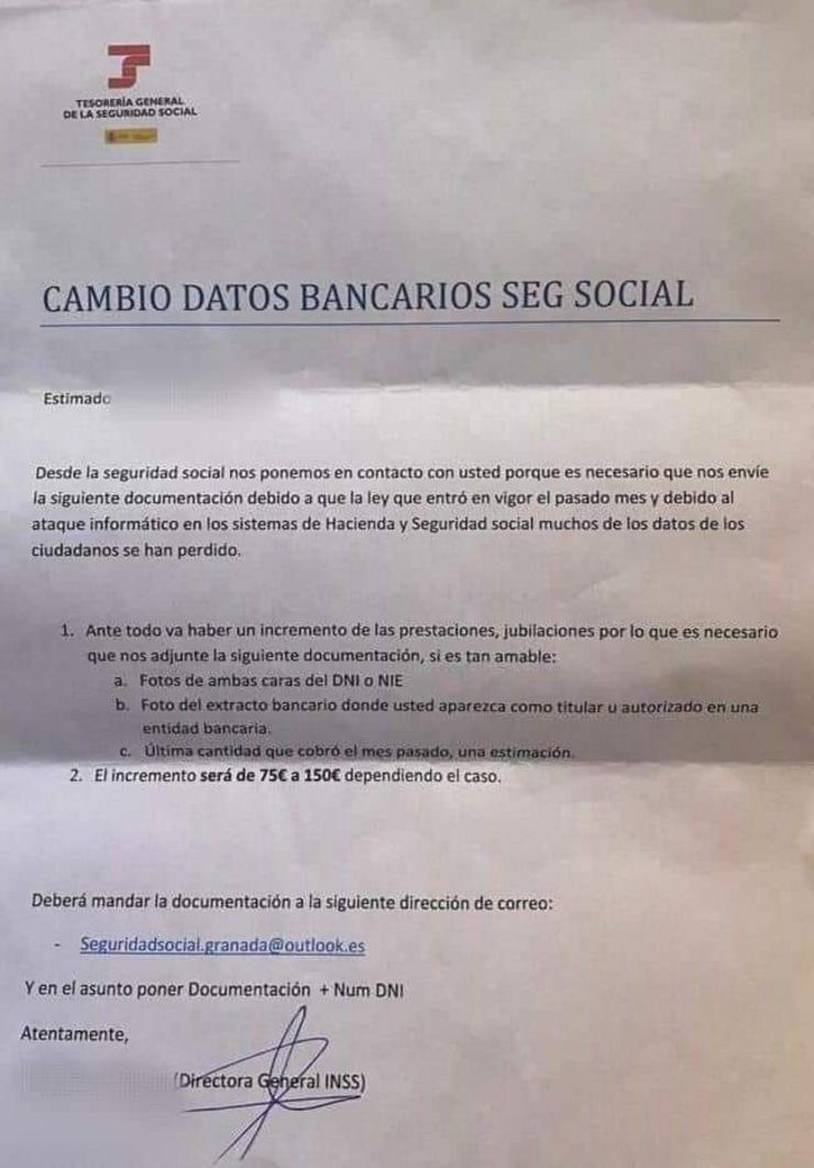 Carta falsa remitida a pensionistas nun novo intento de timo