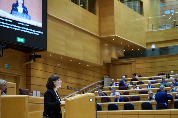 A senadora, Sara Bailac, do grupo parlamentario Esquerra Republicana - Euskal Herria Bildu, durante unha sesión plenaria, no Senado, a 25 de setembro de 2024, en Madrid (España). Durante o pleno realizouse unha moción pola que se reproba ao. Jesús Hellín - Europa Press 