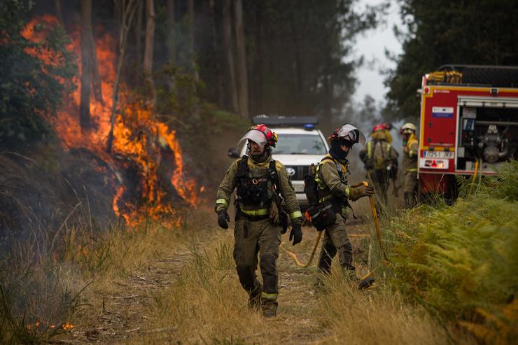 Axentes do equipo de Bombeiros de Galicia traballan durante o incendio de Crecente (Pontevedra). Adrián Irago - Europa Press