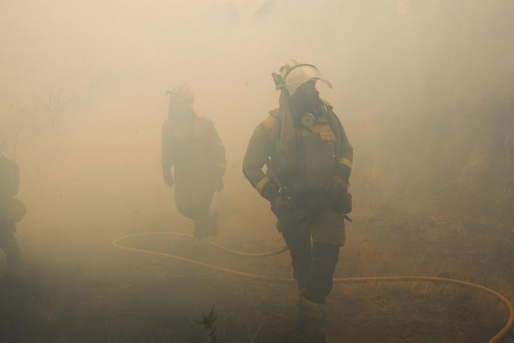 Axentes do equipo de Bombeiros de Galicia traballan no incendio de Crecente 