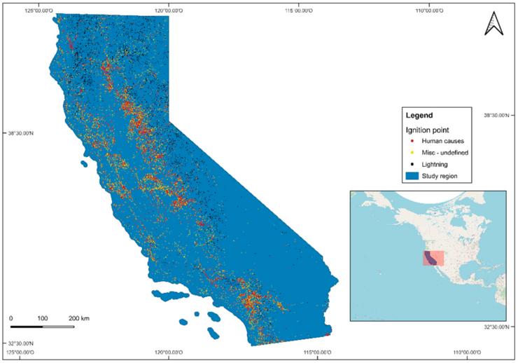 Mapa dos lumes que houbo entre o 2007 e o 2015 en California 