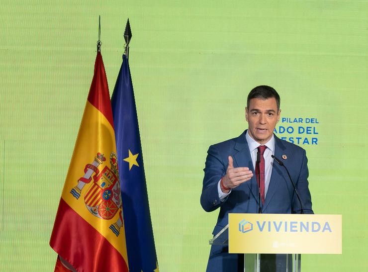 O presidente do Goberno, Pedro Sánchez, intervén durante o foro 'Vivenda, quinto alicerce do Estado do Benestar', organizado polo Ministerio de Vivenda e Axenda Urbana, no Museo do Ferrocarril, a 13 de xaneiro de 2025, en Madrid (España). Dura. Eduardo Parra - Europa Press 