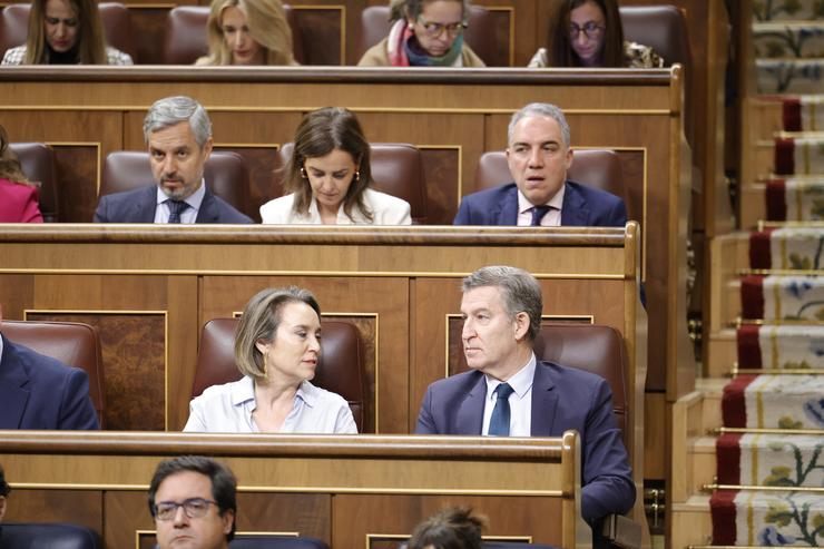 Arquivo - A secretaria xeral do PP, Cuca Gamarra e o presidente do PP, Alberto Núñez Feijóo, durante unha sesión de control ao Goberno, no Congreso dos Deputados, a 18 de decembro de 2024, en Madrid (España). Durante a sesión de control, o. Jesús Hellín - Europa Press - Arquivo 