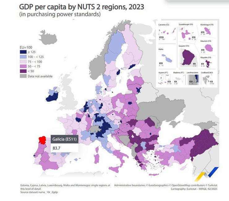 Riqueza per cápita en 2023 por rexións, segundo Eurostat. EUROSTAT 