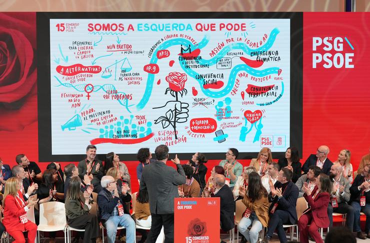 O secretario xeral do PSdeG, José Ramón Gómez Besteiro, intervén durante a clausura do 15 Congreso Rexional do PSdeG, na Cidade da Cultura, a 9 de marzo de 2025, en Santiago de Compostela 